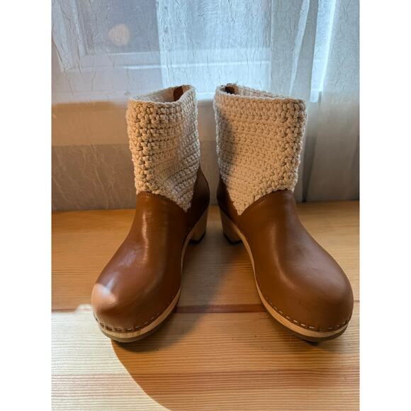The Sak Leather Crochet Clog Boots Brown Knit Wood Heel Size 7 - Picture 3 of 8